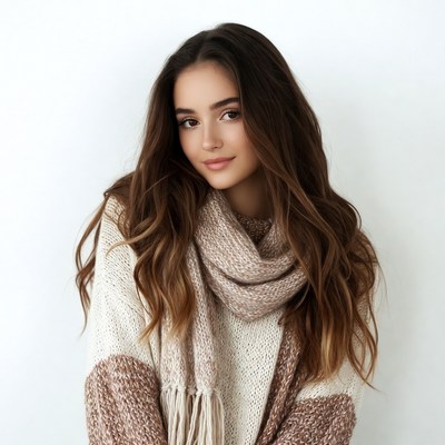 Woman in knitted sweater and scarf