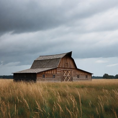 Old wooden barn in tall grass field
