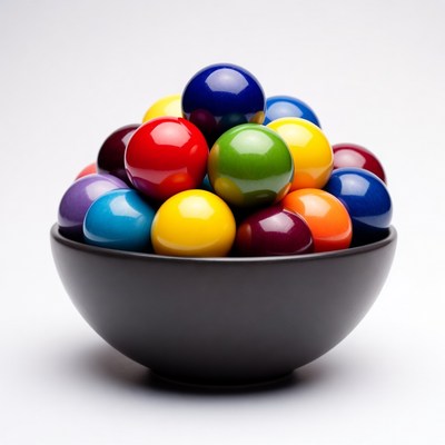 Colorful marbles in black bowl