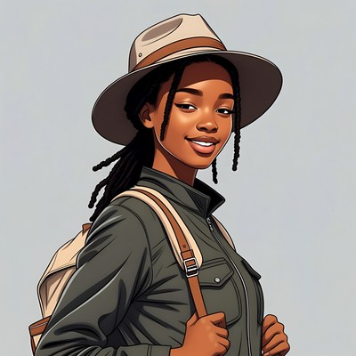 African-American woman in fedora and backpack