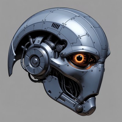 Silver Robot Helmet with Glowing Orange Eye