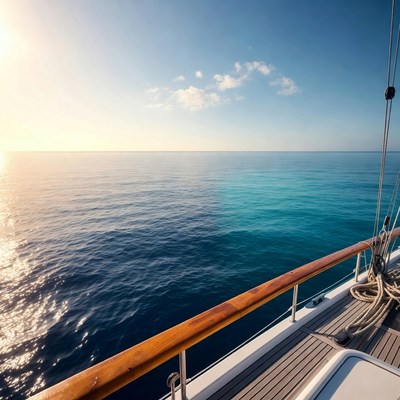 Yacht railing overlooking turquoise ocean sunset