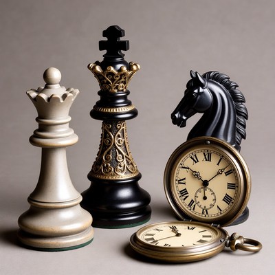 Chess pieces with pocket watch