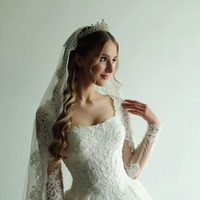 Bride in lace wedding gown with tiara