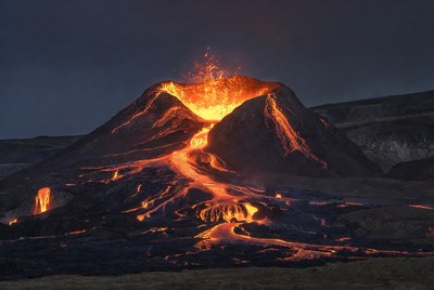 Erupting Volcano with Lava Flows