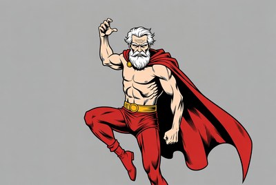 Muscular elderly superhero with white beard