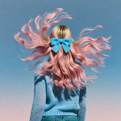 Woman with pink hair and blue bow