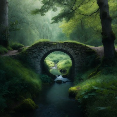 Stone Bridge Over Stream in Misty Forest