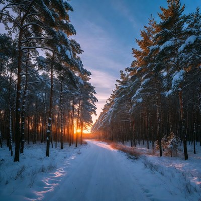 Snowy Pine Forest Path at Sunset