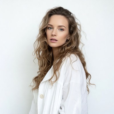 Woman with wavy blonde hair in white shirt