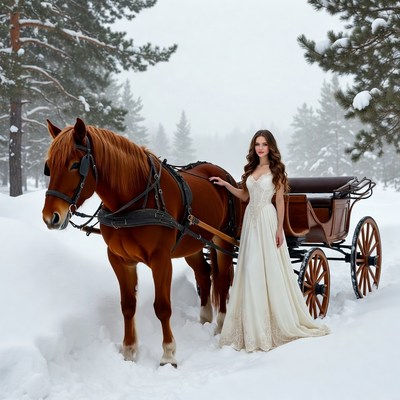 Woman in white gown with horse-drawn carriage