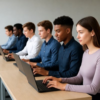 Diverse students working on laptops