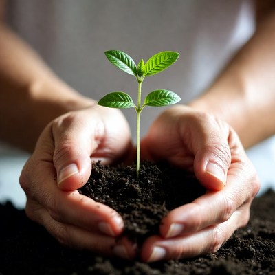 Hands holding young green plant