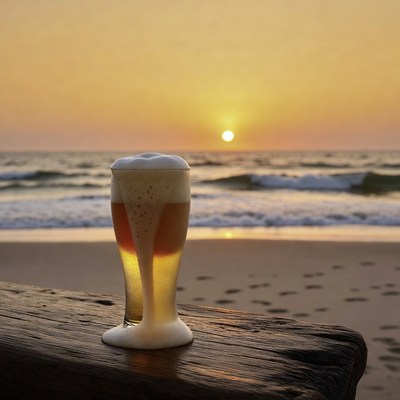 Beer Glass on Beach at Sunset