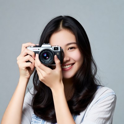 Asian woman holding vintage camera