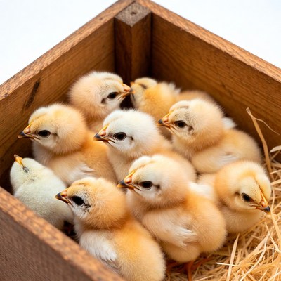 Baby chicks in wooden box