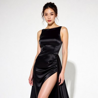 Asian woman in black satin slit dress