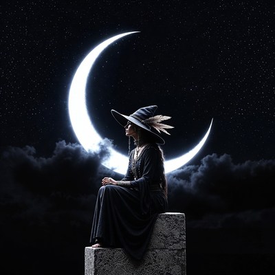 Witch sitting under crescent moon