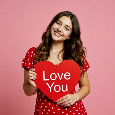 Young woman holding Love You heart sign
