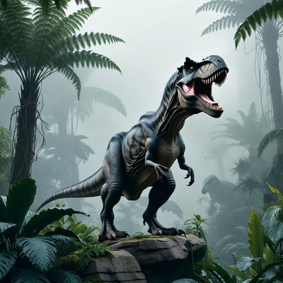 Roaring T-Rex in misty jungle