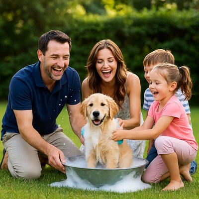Family bathing golden retriever puppy outdoors