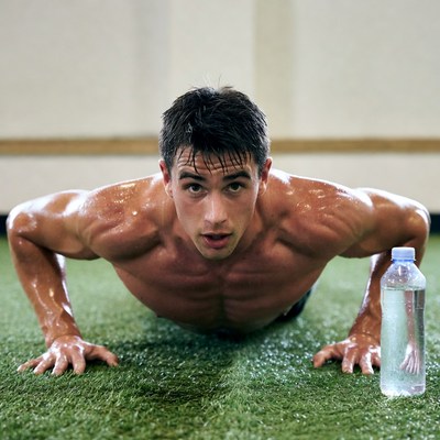 Muscular man doing pushups on turf