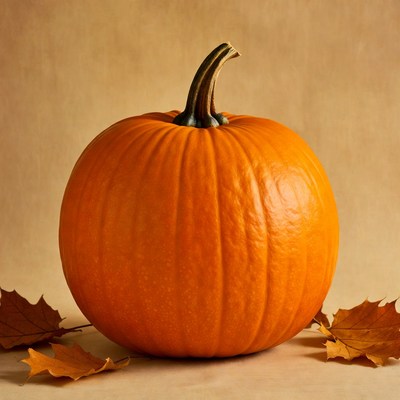 Orange Pumpkin with Fall Leaves