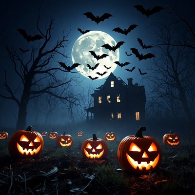 Haunted House with Pumpkins and Bats