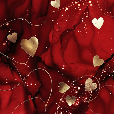 Red Fluid Art with Gold Hearts