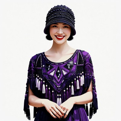 Asian woman in beaded purple flapper dress