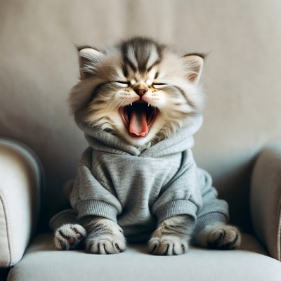 British Shorthair kitten yawning in hoodie