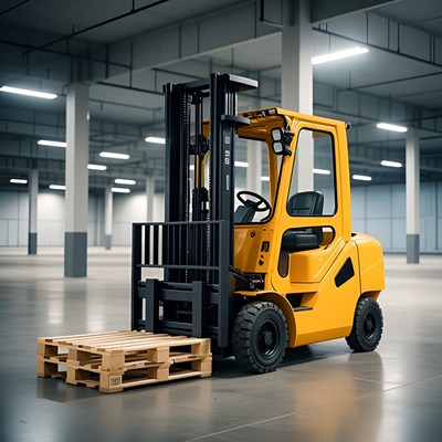 Yellow Forklift with Pallets in Warehouse