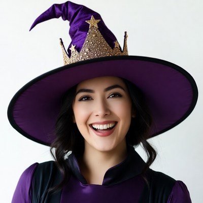 Smiling woman in purple witch hat