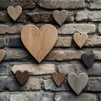 Wooden hearts on stone wall