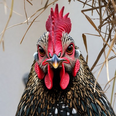 Rooster with red comb in straw