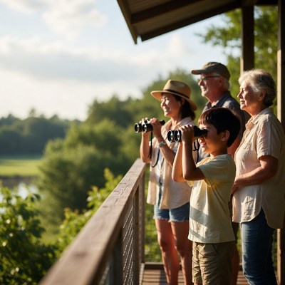 Family birdwatching from observation deck