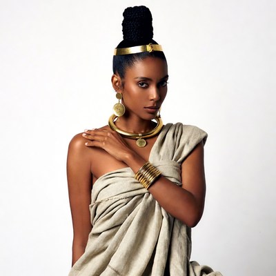 African woman in gold jewelry and draped gown