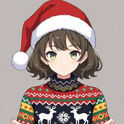 Anime girl in Santa hat and Christmas sweater