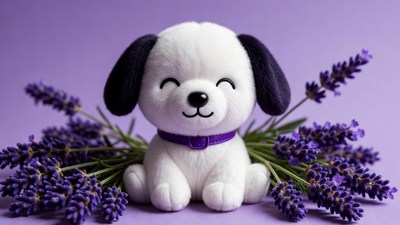 White puppy plush with lavender
