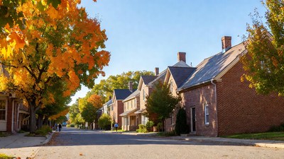 Autumn Street with Brick Houses