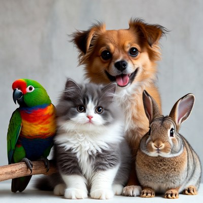 Cute parrot cat dog bunny group