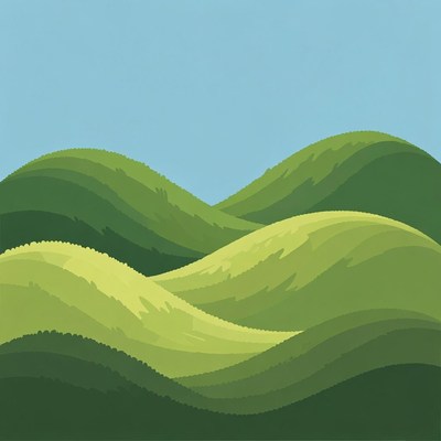 Green wavy hills under blue sky