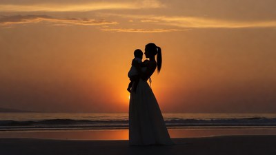 Silhouette mother holding baby at sunset beach
