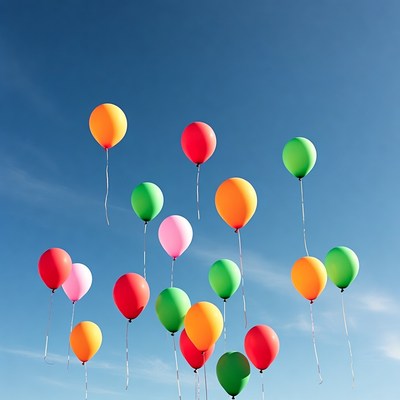 Colorful Balloons Floating in Blue Sky