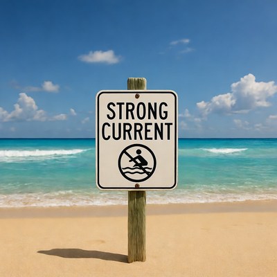 Strong Current Warning Sign on Beach