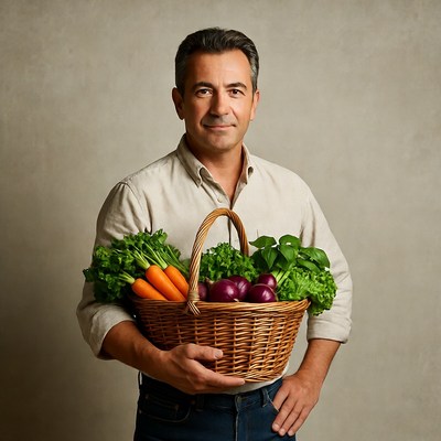Man holding basket of fresh vegetables