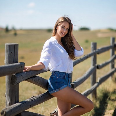 Woman leaning on wooden fence in field