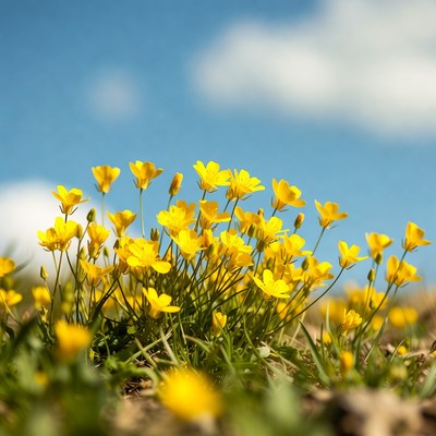 Yellow Flowers in Grass Against Blue Sky