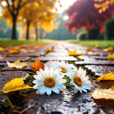 White Daisies on Wet Autumn Path