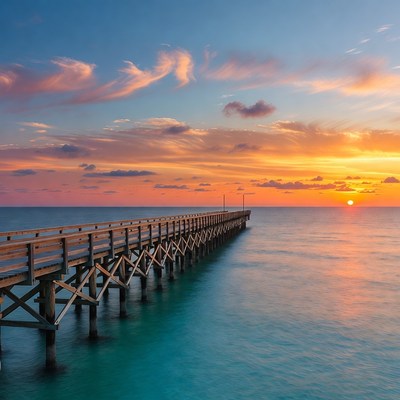 Pier Extending into Ocean at Sunset
